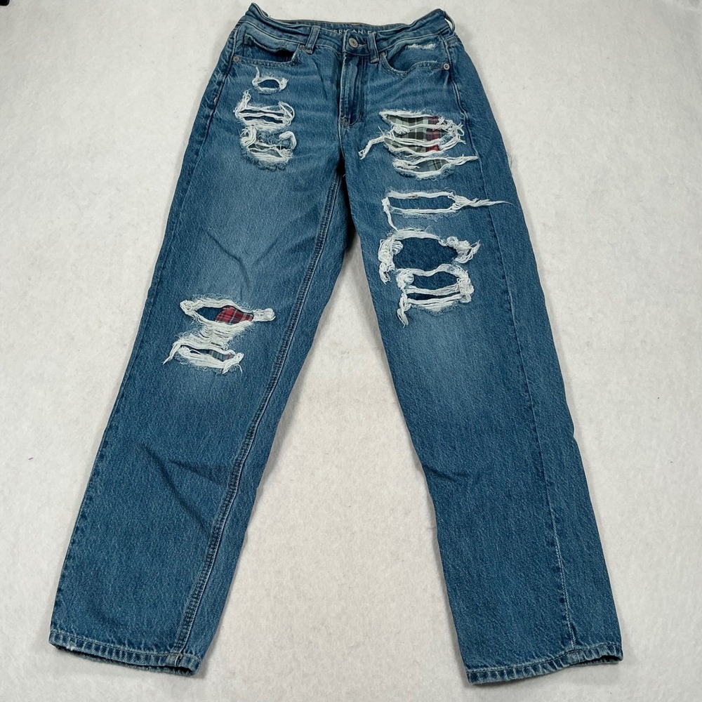 American Eagle Mom Jeans Womens 2 Blue Distressed Plaid Backed High Rise Cotton